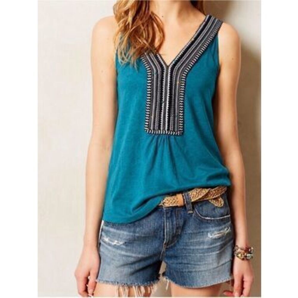 Akemi + Kim Anthropologie Sloane Linen Blend Teal Sleeveless Top Small #700
